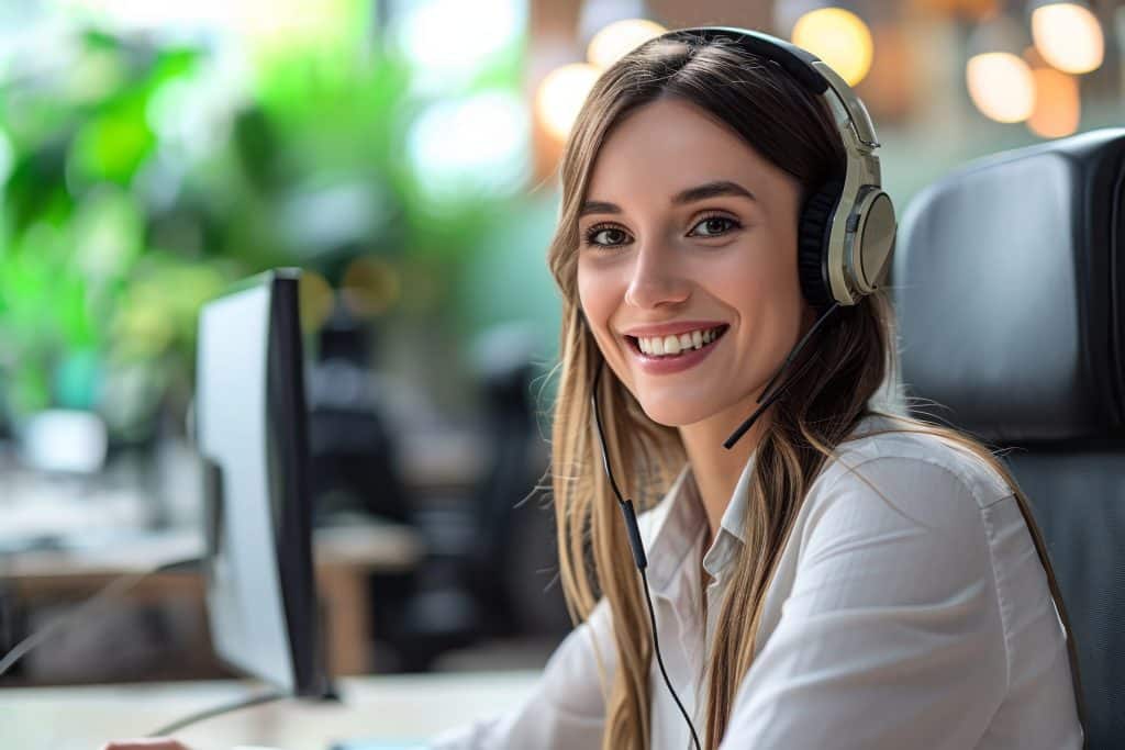 Junge Frau mit Headset am Arbeitsplatz vor Computer