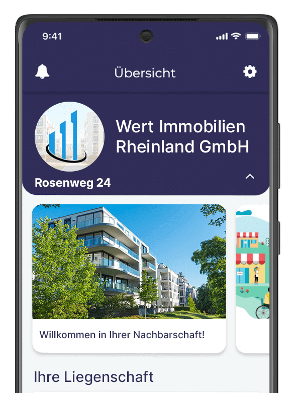 Smartphone mit geöffneter WIR App zeigt Übersicht der Wert Immobilien Rheinland GmbH für Beispiel-Liegenschaft Rosenweg 24