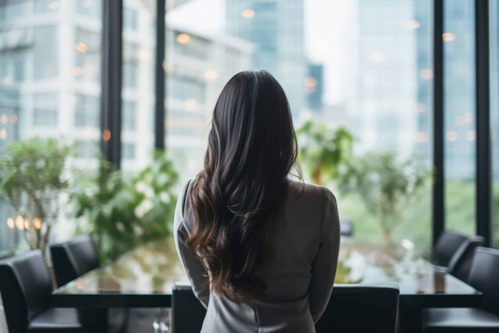 Frau mit langen Haaren blickt aus dem Fenster auf Stadtansicht