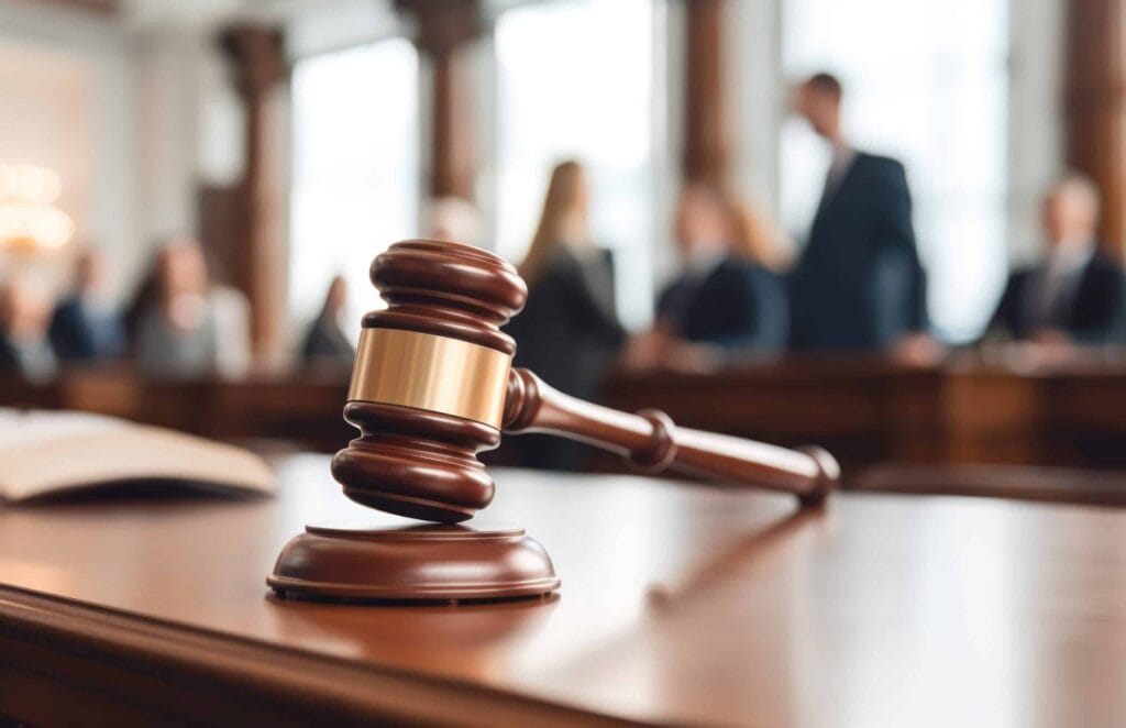 Richterhammer (Gavel) auf Schreibtisch mit unscharfem Hintergrund