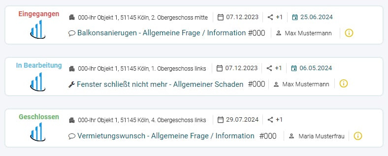 Beispielansicht des Eigentümerportals mit drei Vorgängen: Eingegangen, In Bearbeitung und Geschlossen, jeweils mit Adress- und Statusangaben