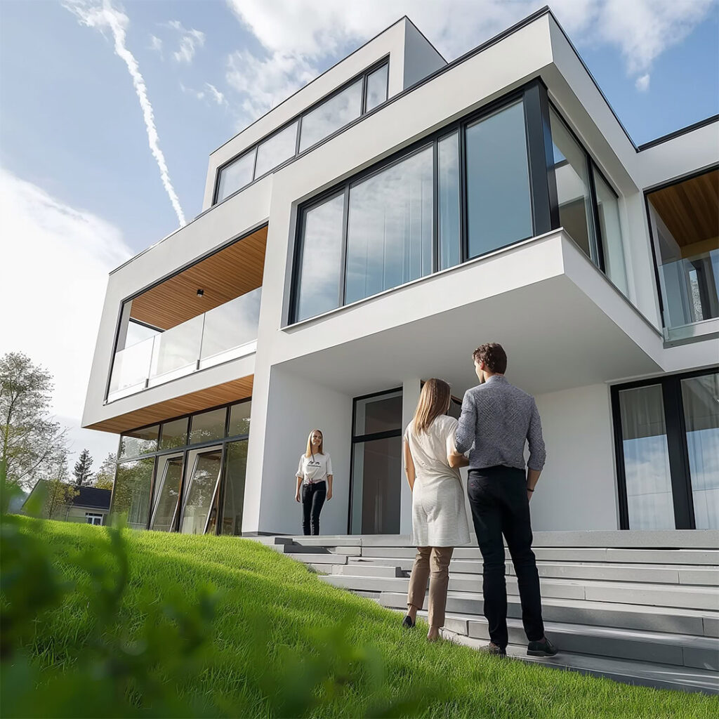 Modernes Einfamilienhaus mit großflächigen Fenstern, Paar besichtigt Immobilie mit Maklerin