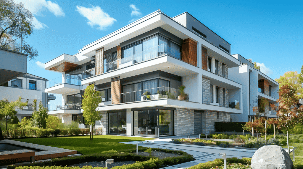 Neubau mit klarer Architektur, Balkonen und Vorgarten