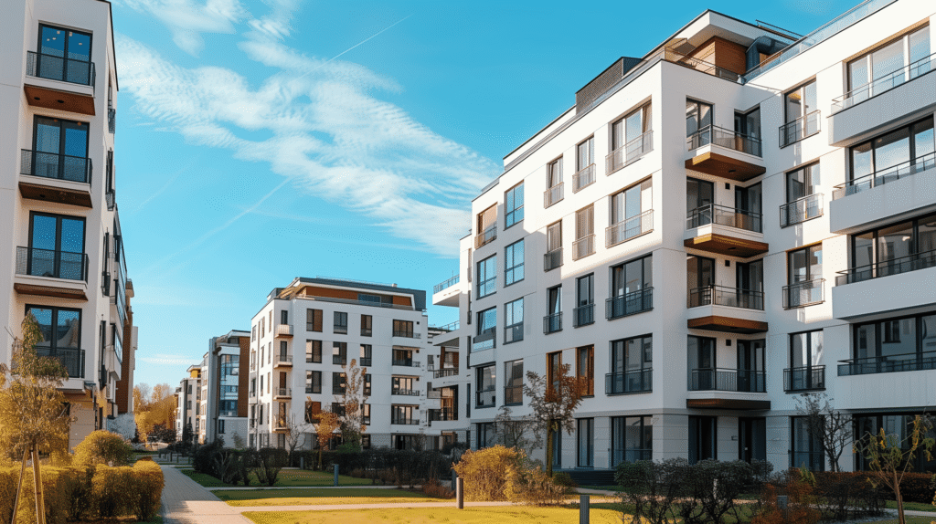 Modernes Wohnhaus mit weißen Fassaden und Glasbalkonen
